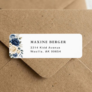 Etiqueta Boda floral de azul marino y rosa marfil polvorien