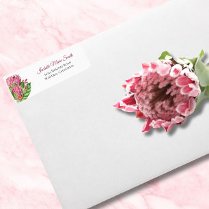 Etiqueta Boda floral de protea de acuarela rosa tropical
