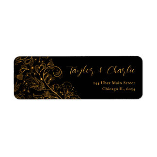 Etiqueta Boda floral elegante dorado y negro