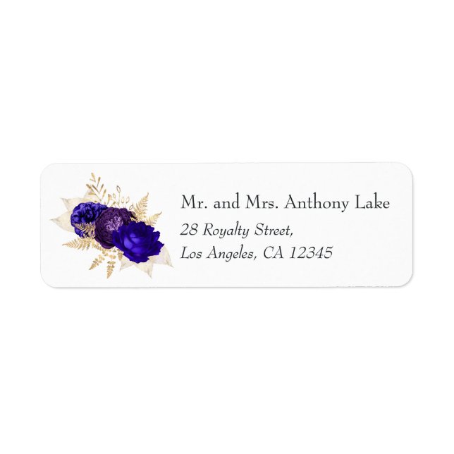 Etiqueta Boda floral Royal Blue, Purple y Gold (Frente)