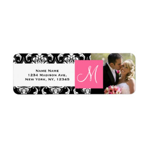 Etiqueta Boda fotográfico de Damask negro rosado