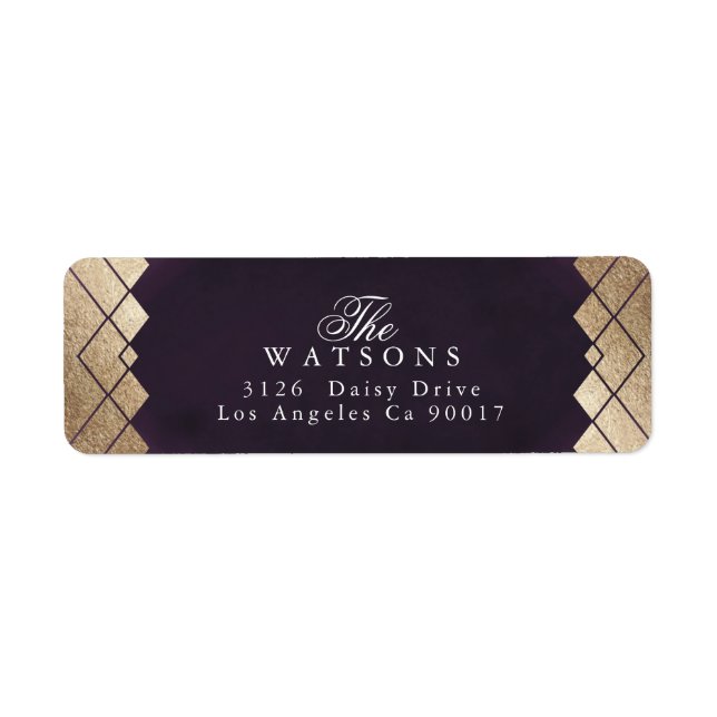 Etiqueta Boda Gatsby Geométrico Purple Gold (Frente)