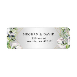 Etiqueta Boda Geométrico de Oro de Anemone Blanco Plateado