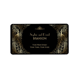 Etiqueta Boda Glam Gold Art Deco Peacocks