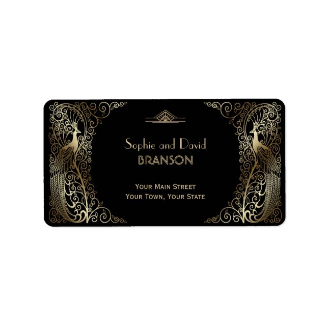 Etiqueta Boda Glam Gold Art Deco Peacocks (Frente)