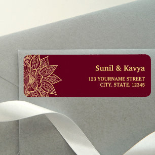Etiqueta Boda India Burgundy Dorado Henna Mehendi
