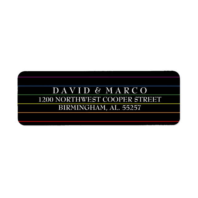 Etiqueta Boda LGBT de Rainbow Pinstripes (Frente)