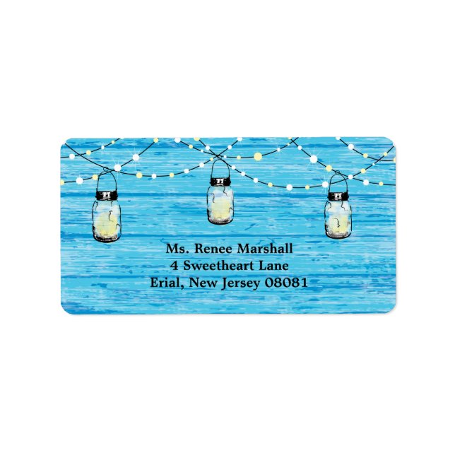 Etiqueta Boda Mason Jars and Lights de Madera Rusa Colgando (Frente)