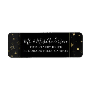 Etiqueta Boda Moderna Celestial de Luna y Estrellas Negro y