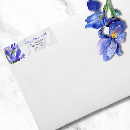 Etiqueta Boda Moderna Floral de Iris Azul Mármol Gris