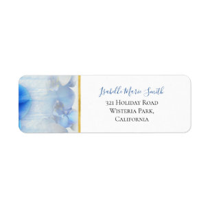 Etiqueta Boda moderno de borde dorado con orquídeas azules
