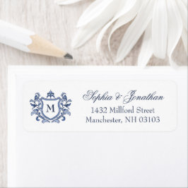 Etiqueta Boda Monograma Cresta Vintage Azul