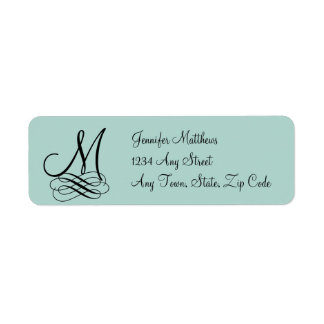 Etiqueta Boda Monograma Mint Green, Black Swirls