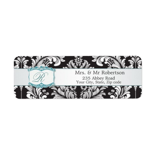 Etiqueta Boda Monograma R blanco negro Damask (Frente)