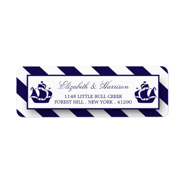 Etiqueta Boda Nautical Stripes & Navy Blue Ship (Frente)
