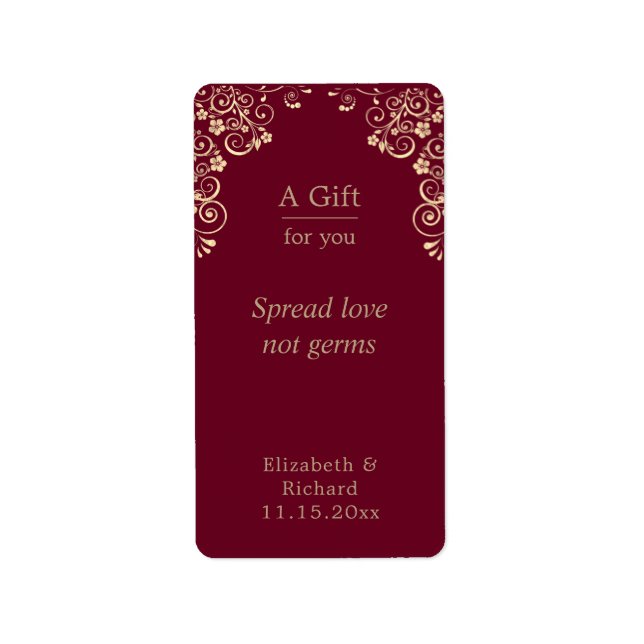 Etiqueta Boda personalizada Burgundy Gold Hand Sanitizer (Frente)