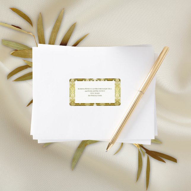 Etiqueta Boda Retro Gold Green Damask (Subido por el creador)