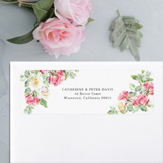 Etiqueta Boda Romántica con Rosas de Acuarela Rosadas/Marfi