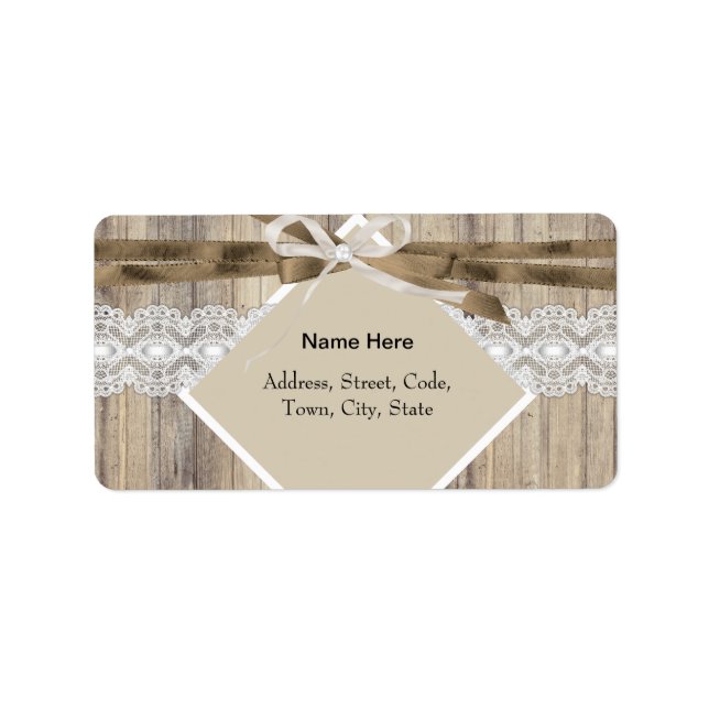 Etiqueta Boda Rústica Beige Blanco Encaje Madera Arpillera  (Frente)