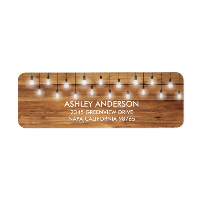 Etiqueta Boda Rústico Simple Luces de Madera (Frente)