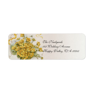 Etiqueta Boda Vintage, Flores de Botón de Oro Amarillo y Ab