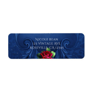 Etiqueta Bodas de Rosas Rojas Ornamentales Vintage Azules
