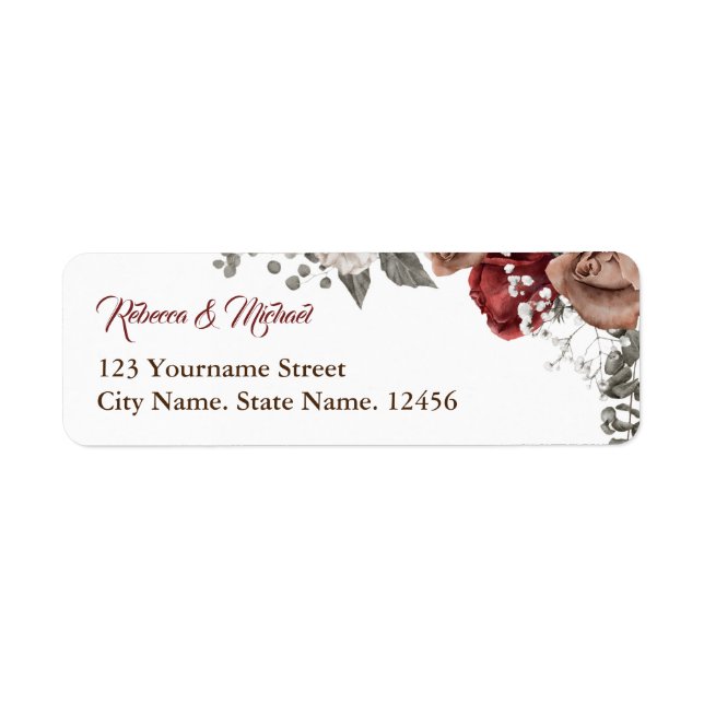 Etiqueta Bodas Florales de Rosas Rojas de Borgoña (Frente)