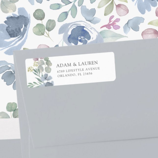 Etiqueta Boho Blue Floral Wedding Return Address (Subido por el creador)