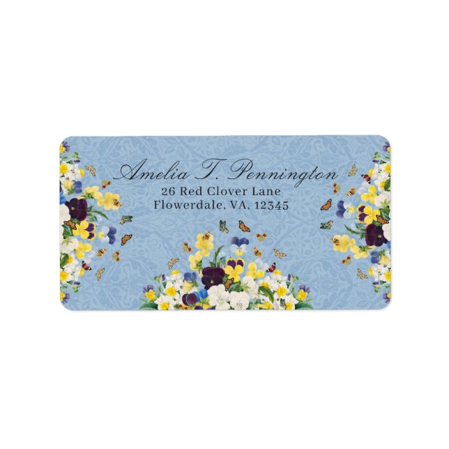 Etiqueta Boho Elegant Spring Pansies Daffodils Butterflies (Frente)