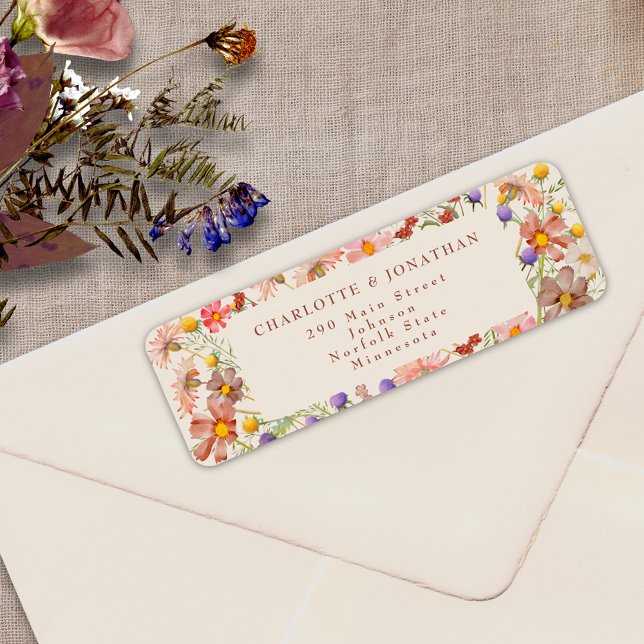 Etiqueta Boho Fall Rustic Wildflower Floral Boda (Boho fall rustic wildflower floral burnt Orange terracotta beige wedding return address label )