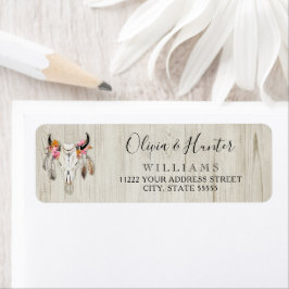 Etiqueta Boho Floral Feather Antler Cow Skull Rústico Mader