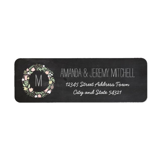 Etiqueta Boho Flower Wreath Rustic Chalkboard Boda (Frente)