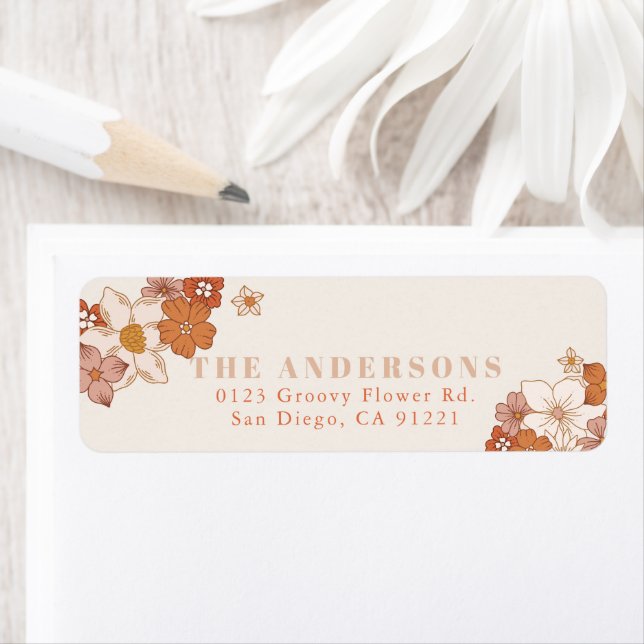 Etiqueta Boho Retro Groovy Naranja Floral (In situ)