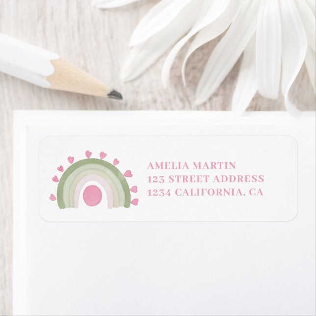 Etiqueta Boho verde rosa arco iris sol de bebé (In situ)