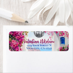 Etiqueta Bola de discoteca de flores rosadas de la isla med