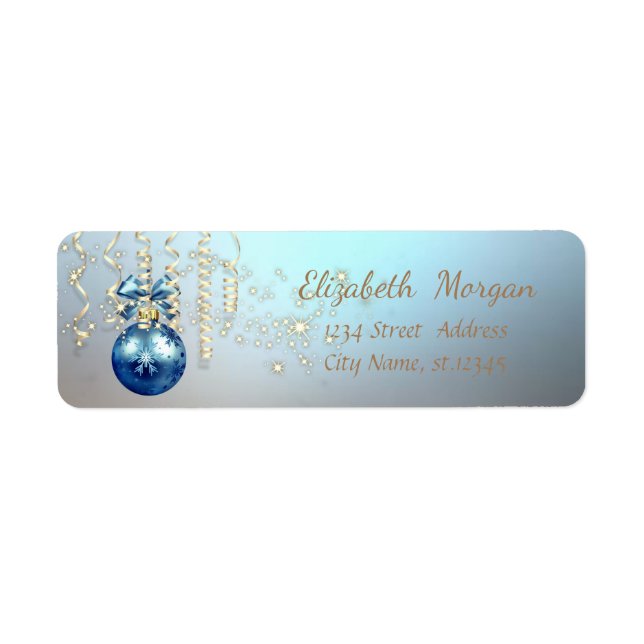 Etiqueta Bola de Navidad elegante, brillo, azul (Frente)