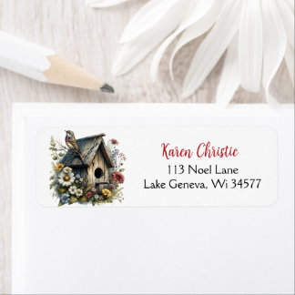 Etiqueta Bonito acuarela Rustic Birhouse and Bird
