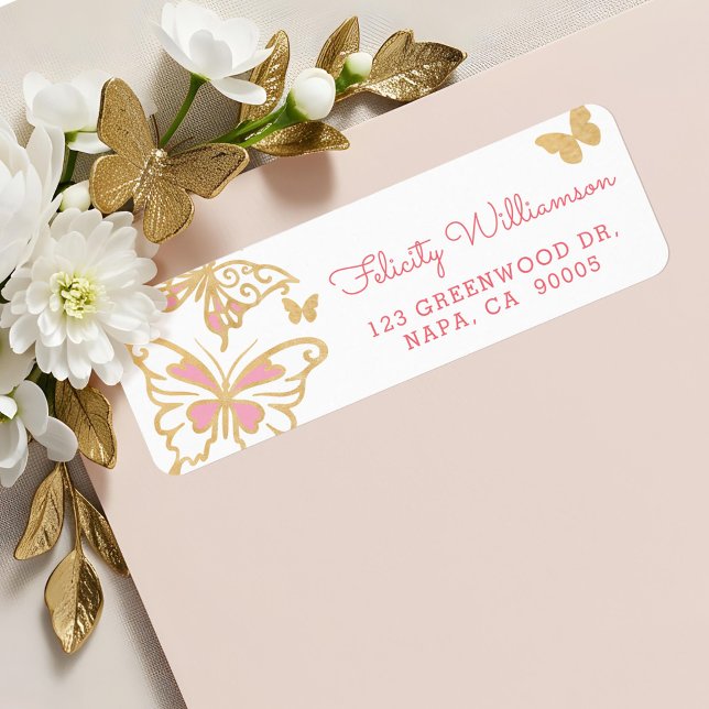 Etiqueta Bonito de Moda mágica oro y mariposas rosadas (Magical Chic Pretty Cute Gold and Pink Butterflies Label)