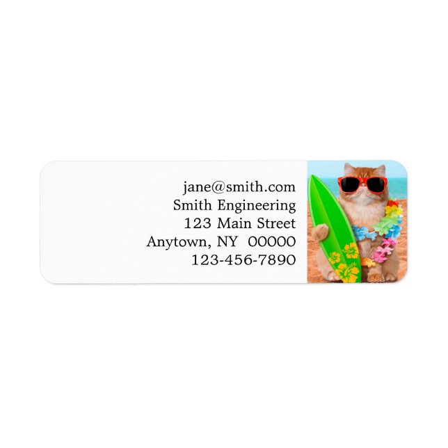 Etiqueta Bonito gato surfista en la playa (Frente)