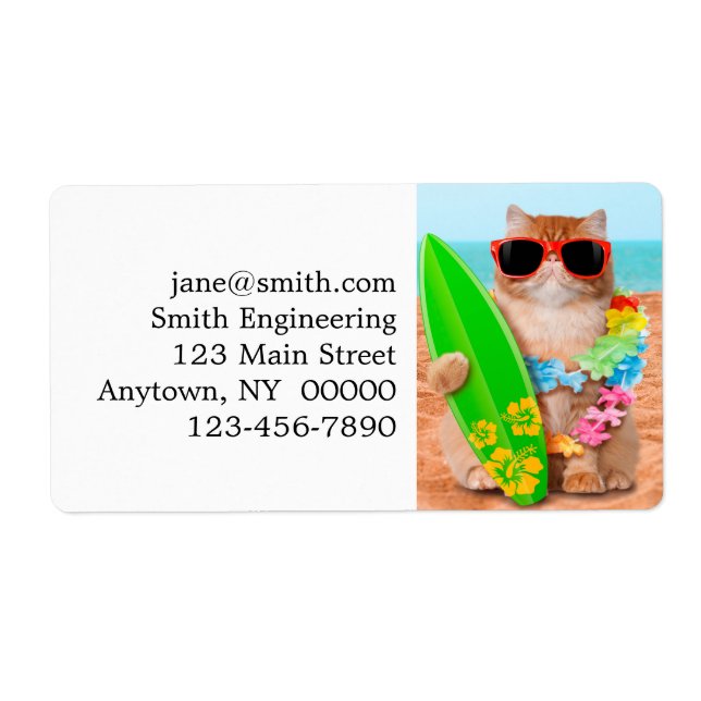 Etiqueta Bonito gato surfista en la playa (Frente)