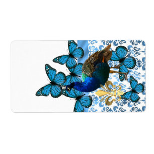 Etiqueta Bonito Peacock y mariposas azules