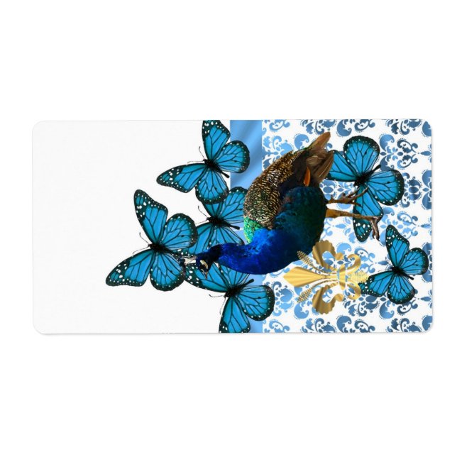 Etiqueta Bonito Peacock y mariposas azules (Frente)
