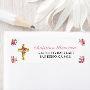 Etiqueta Bonito Rosa Floral Oro Cruz Bautismo