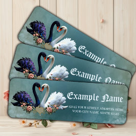 Etiqueta Bono eterno, cisnes negros y blancos enamorados.