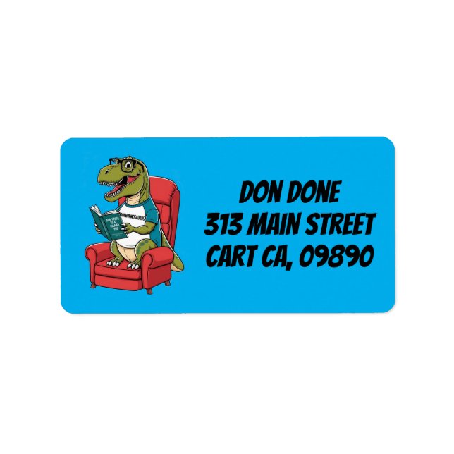 Etiqueta Bookwormosaurs rex sentado en un libro de lectura  (Frente)