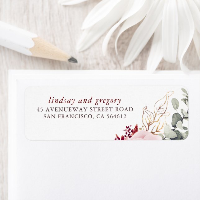 Etiqueta Borgoña Techo Rojo Sombra Floral Elegante (In situ)