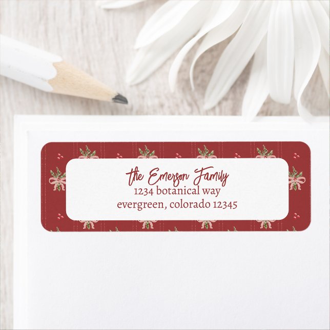 Etiqueta Botánicos Rojo Rústico de Navidad (Rustic Red Christmas Botanicals Return Address Label by Painted Paperie)