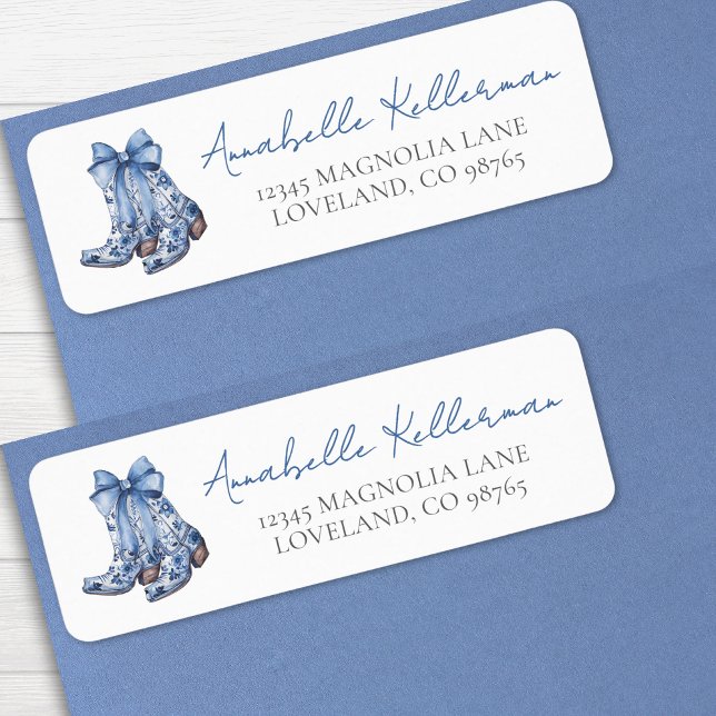 Etiqueta Botas Vaqueras Country Bow Dirección de Devolución (Country Blue Bow Cowboy Return Address label)