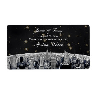 Etiqueta Botella de agua Etch NYC Skyline 2 Black Gold Star