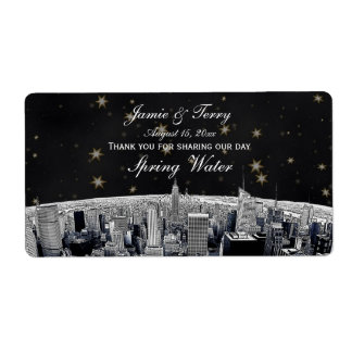 Etiqueta Botella de agua Etch NYC Skyline 2 Black Gold Star
